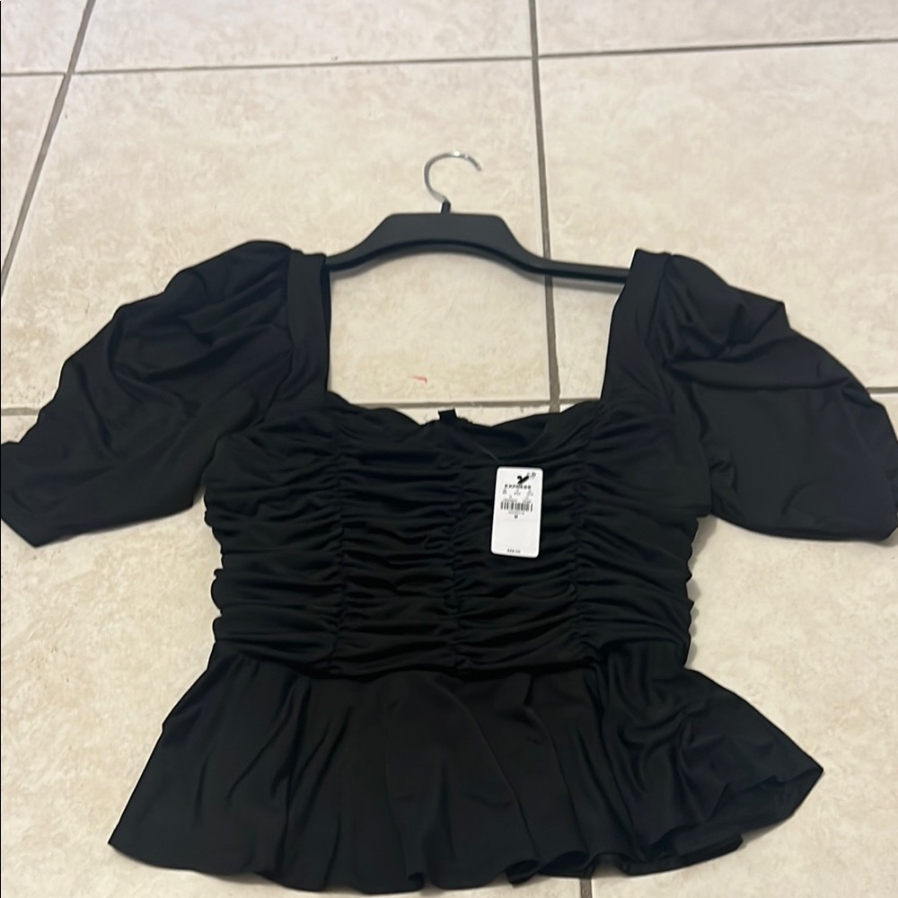 Express Black Peplum Blouse with Puff Sleeves
